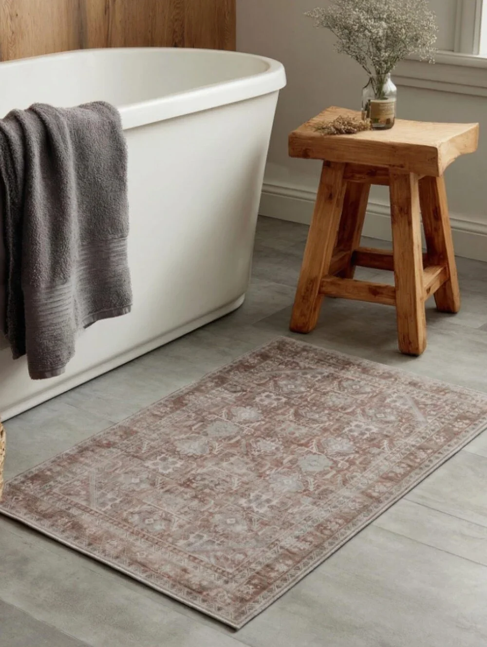 NWT 2'x3' Distressed Boho Print Non-Slip Throw Rug Bath Mat Cinnamon/Taupe/Aloe